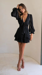 Black Long Sleeves Bowknot Mini Dress