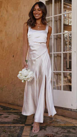 Beige Satin Sleeveless Midi Dress