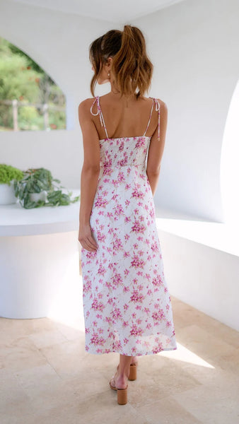 Pink Floral Shoulder Tie Midi Dress