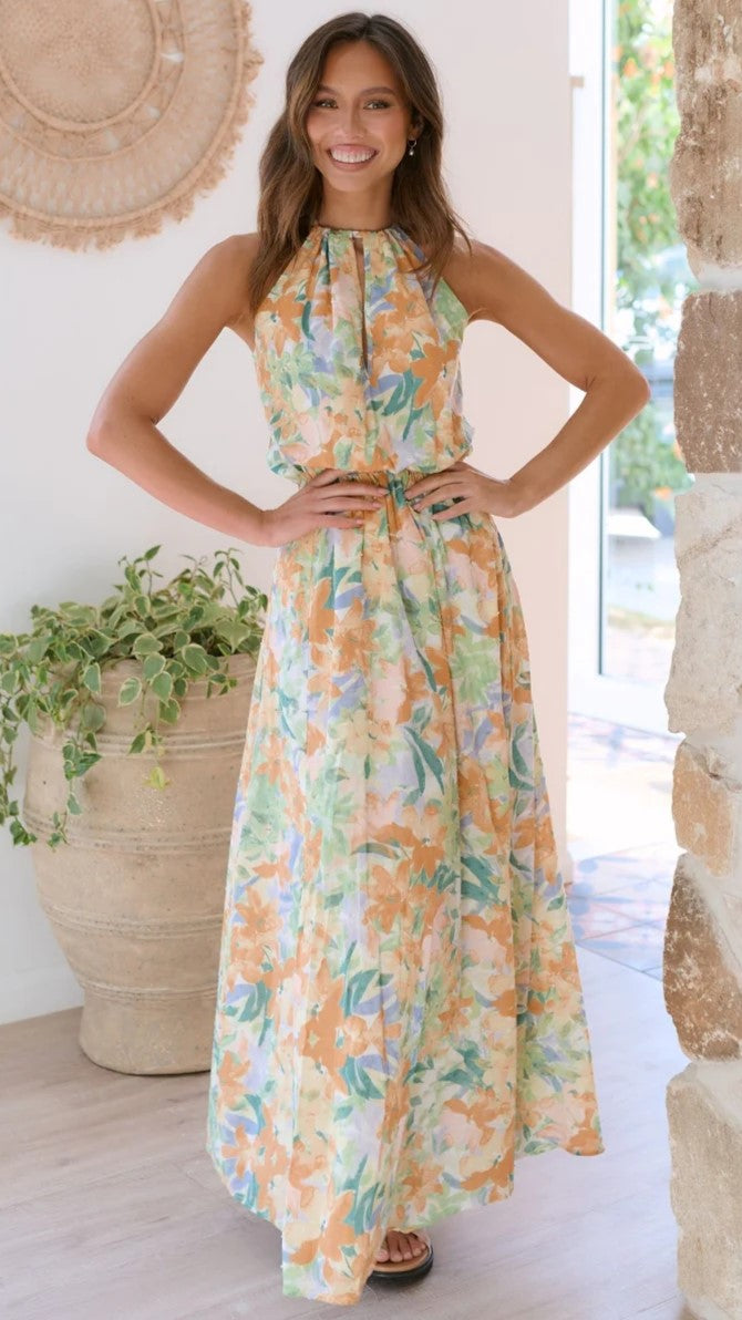Green Floral Sleeveless Midi Dress