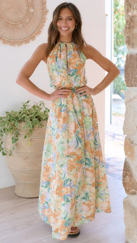 Green Floral Sleeveless Midi Dress