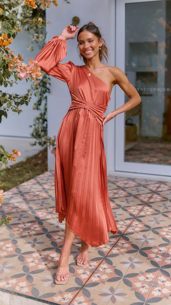 copper pleated dress Copper Chevron Pleated Midi Summer Dress by Scarlet Sage at Pernia's Pop Up Shop 2026