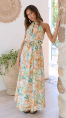 Green Floral Sleeveless Midi Dress