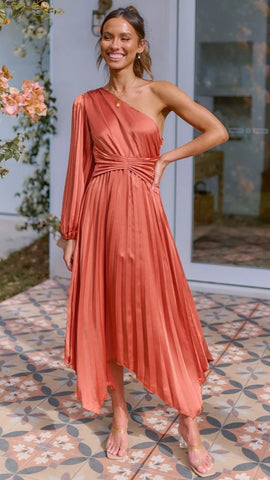 Copper Pleated Midi Dress