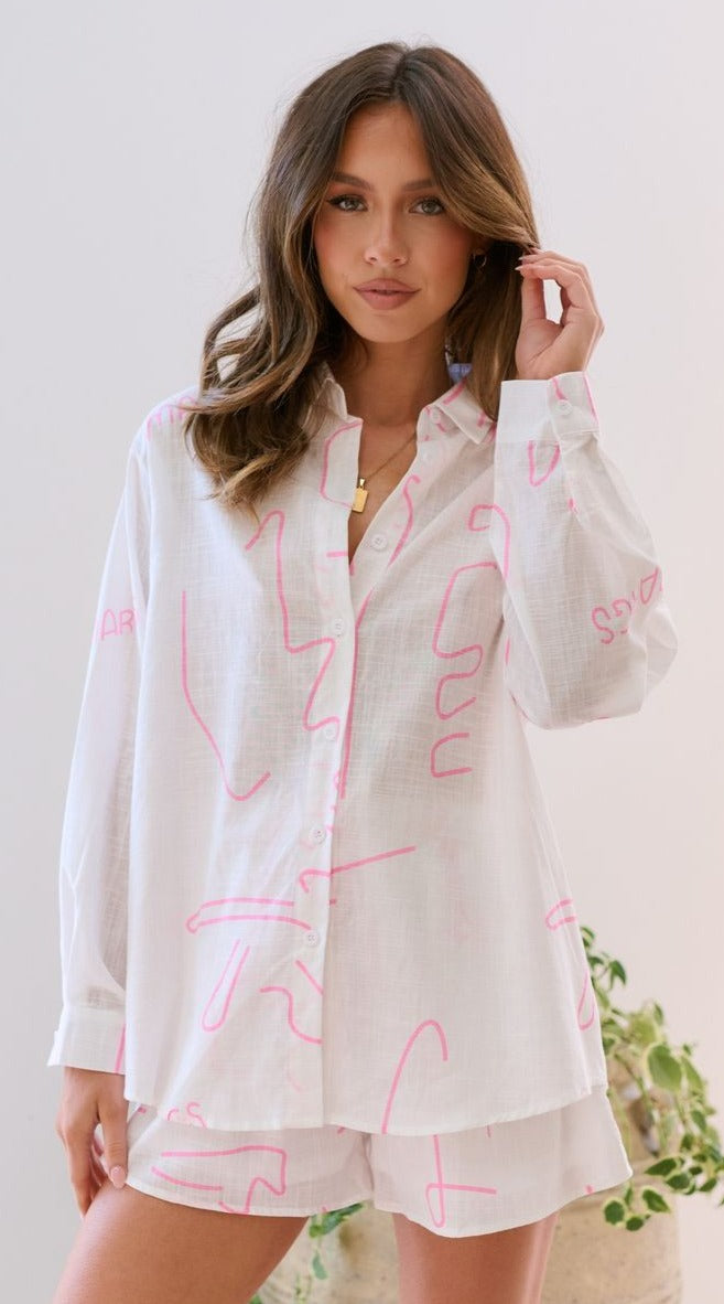 Zoey Long Sleeve Button Up Shirt and Shorts Set - White/Pink