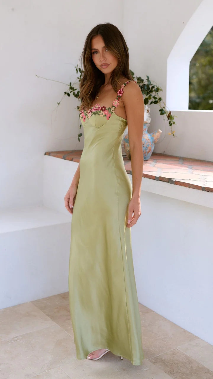 Green Satin Floral Trim Maxi Dress