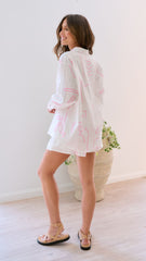 Zoey Long Sleeve Button Up Shirt and Shorts Set - White/Pink