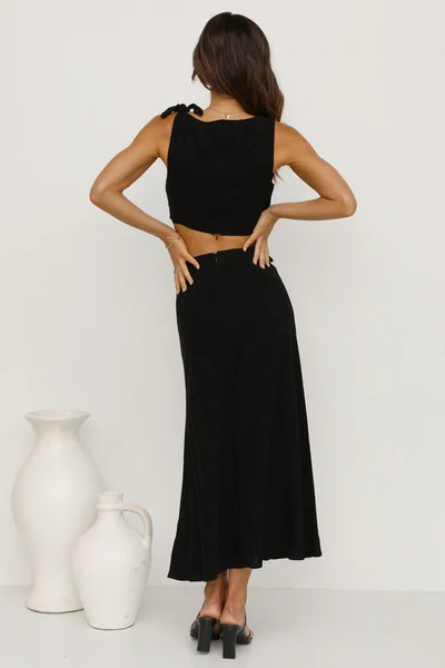 Black Waist Tie Midi Dress