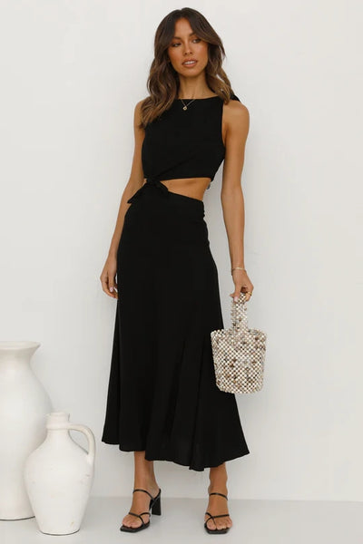 Black Waist Tie Midi Dress