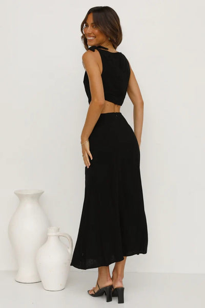 Black Waist Tie Midi Dress