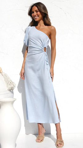 Light Blue One Shoulder Midi Dress