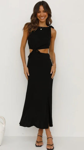 Black Waist Tie Midi Dress