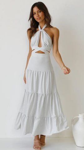 White Plaid Halter Midi Dress