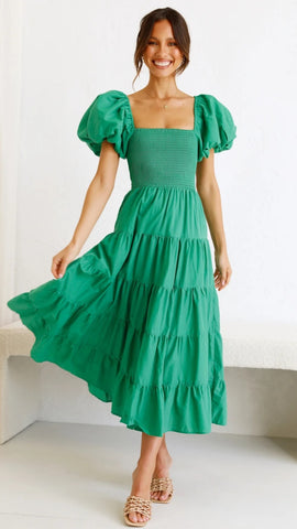 Green Square Neckline Tiered Midi Dress