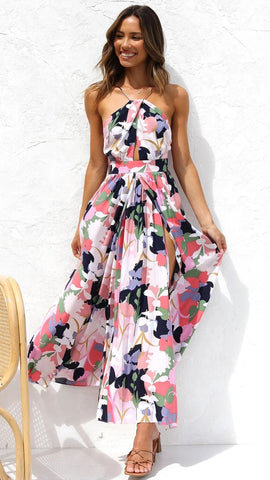 Black Floral Side Slit Midi Dress