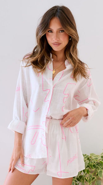 Zoey Long Sleeve Button Up Shirt and Shorts Set - White/Pink