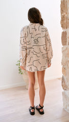 Zoey Long Sleeve Button Up Shirt and Shorts Set - Beige Swirl