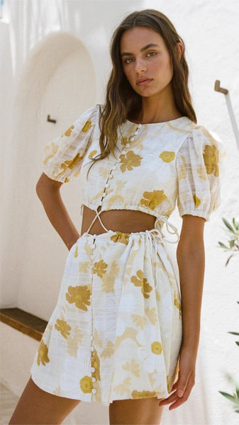 Yellow Floral Cutout Mini Dress