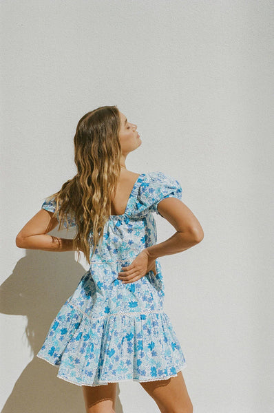 Blue Floral Off Shoulder Mini Dress