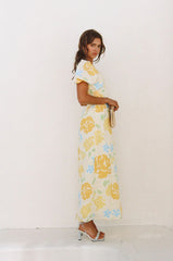 Yellow Floral High Slit Midi Dress