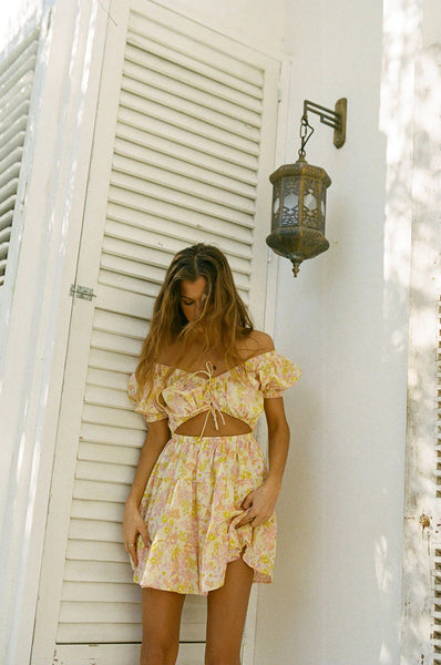 Yellow Floral Cutout Mini Dress