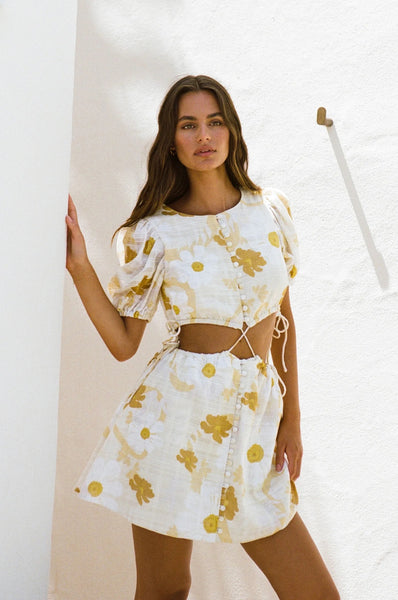 Yellow Floral Cutout Mini Dress