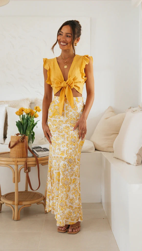 Yellow Floral Midi Skirts