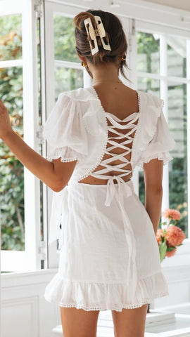 White Lace Up Back Mini Dress