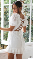 White Lace Up Back Mini Dress