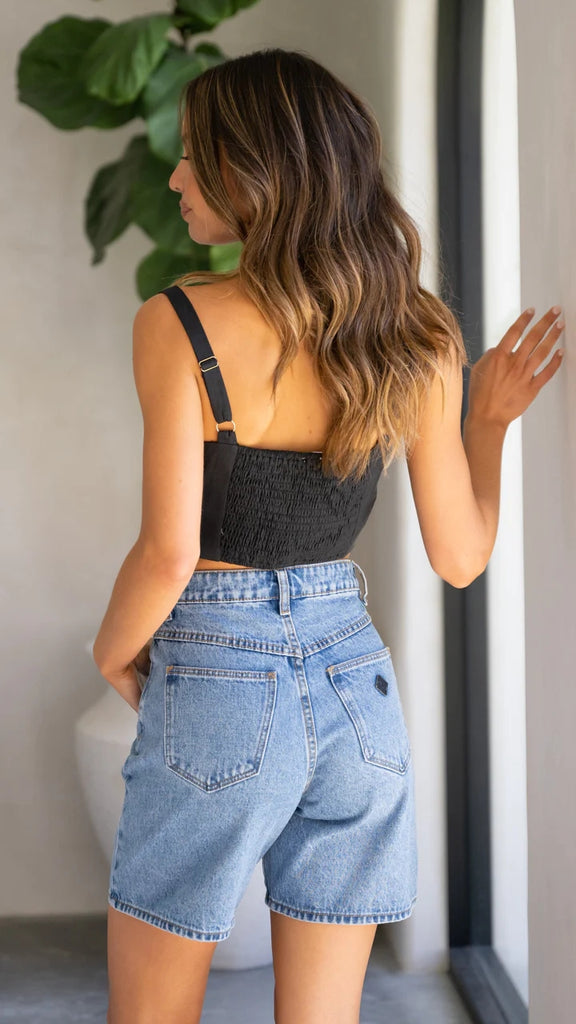 Jorts Swimsuit Jorts Swim Trunks Deep Blue Denim Jorts – Gabi Swimwear