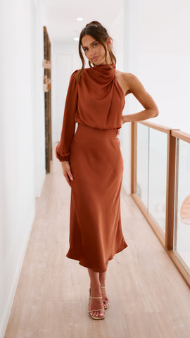 Esther One Shoulder Long Sleeve Dress - Copper