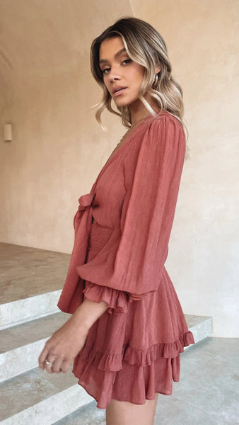 Brown Long Sleeves Bowknot Mini Dress