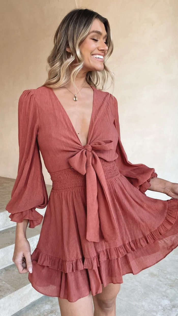 Brown Long Sleeves Bowknot Mini Dress