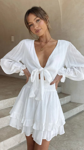 White Long Sleeves Bowknot Mini Dress