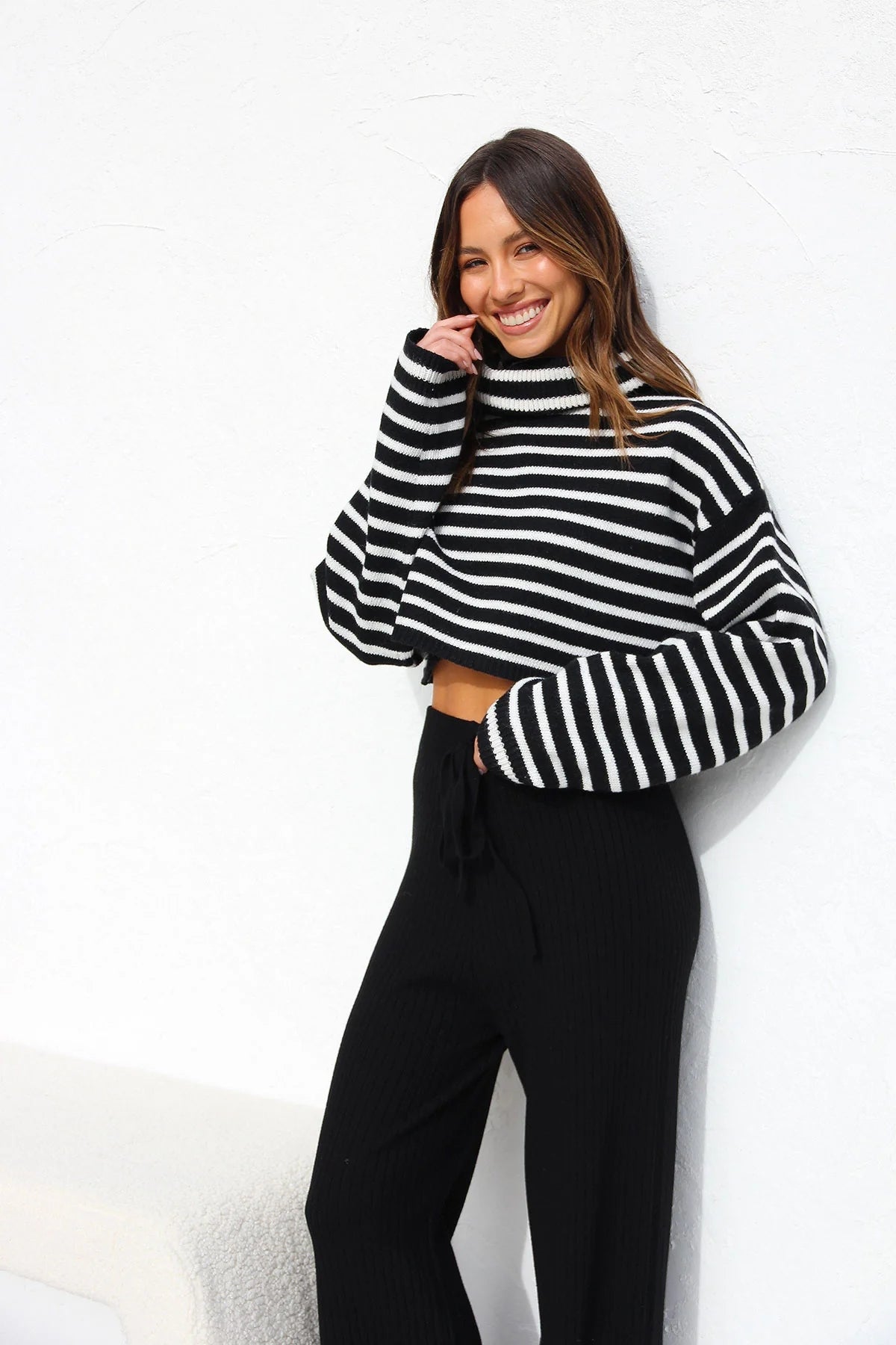 Stripes Knitted Long Sleeve Crop Top