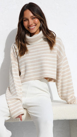 Beige Striped Knit Long Sleeves Crop Top