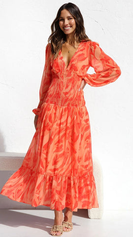 Orange Floral Long Sleeves Midi Dress