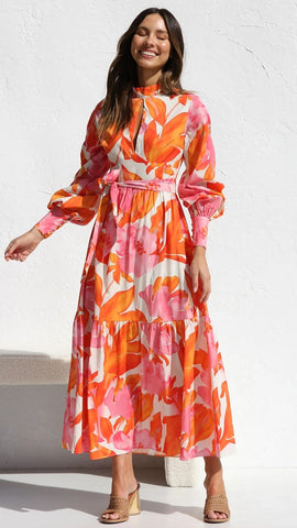 Orange Floral Long Sleeves Midi Dress