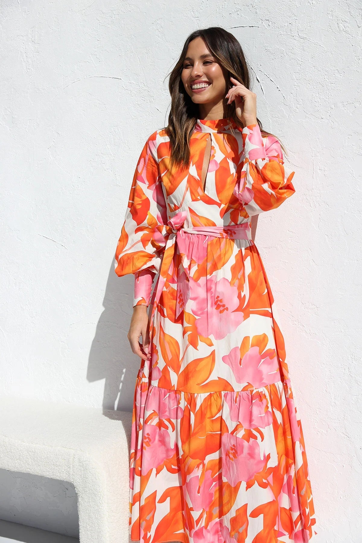 Orange Floral Long Sleeves Midi Dress