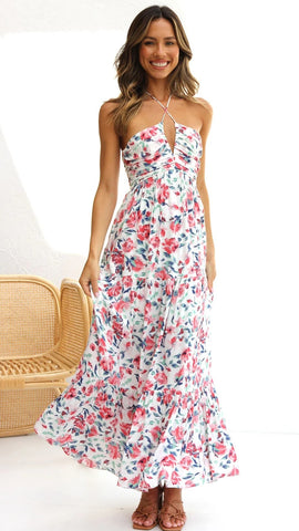 Pink Floral Halter Midi Dress