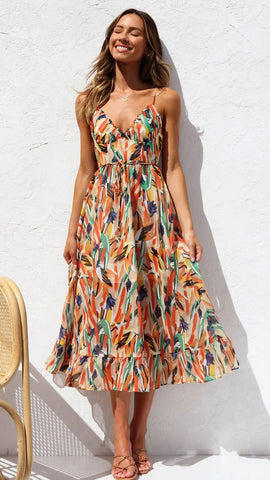 Multiclor Print Slip Midi Dress