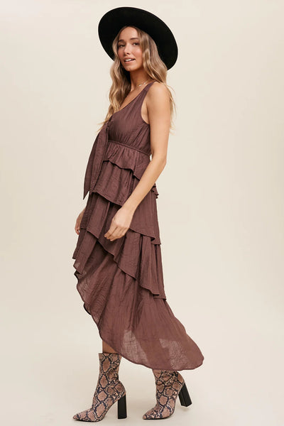 Brown Tiered Ruffle Midi Dress