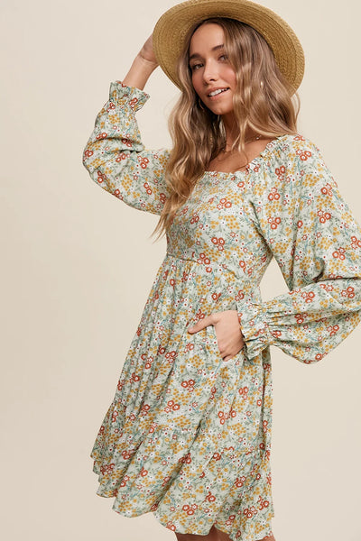 Green Floral Long Sleeves Mini Dress