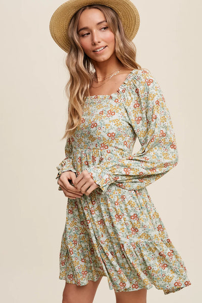 Green Floral Long Sleeves Mini Dress