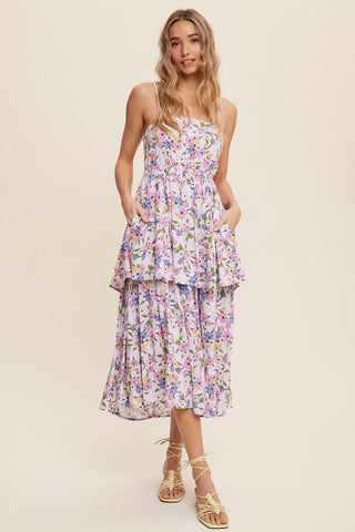 Floral Tiered Open Back Midi Dress