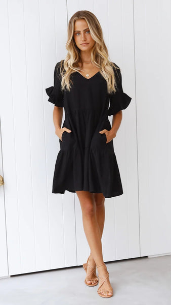 Black V Neck Mini Dress