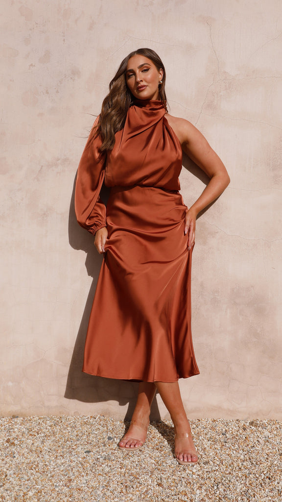 Esther One Shoulder Long Sleeve Dress - Copper Gabi Swimwear Esther One Shoulder Long Sleeve Dress - Copper Gabi Swimwear