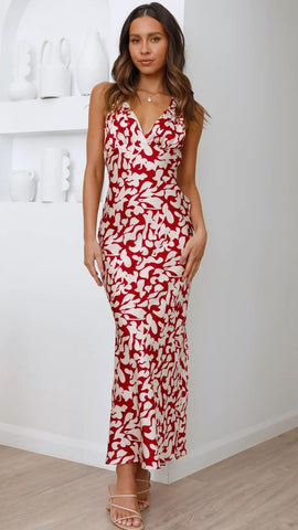 Red Floral Silhouette Sleeveless Midi Dress