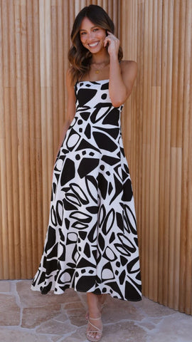 Black Geo Print Slip Midi Dress