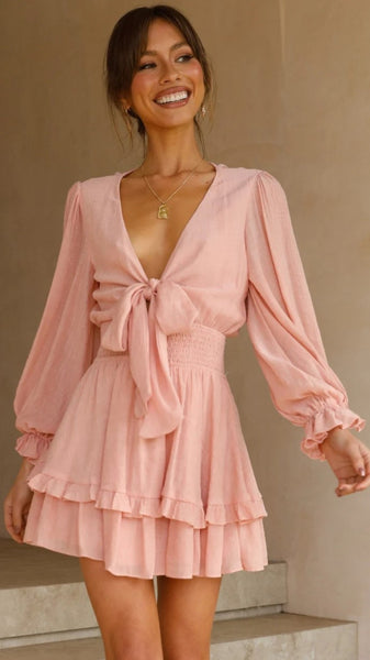 Pink Long Sleeves Bowknot Mini Dress